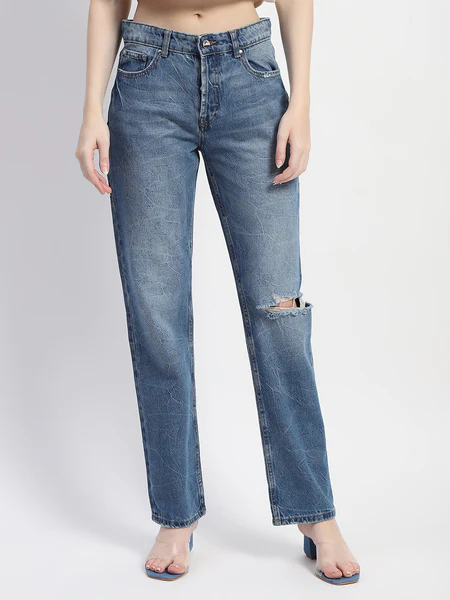 Crushed Ripped Blue Straight Denim